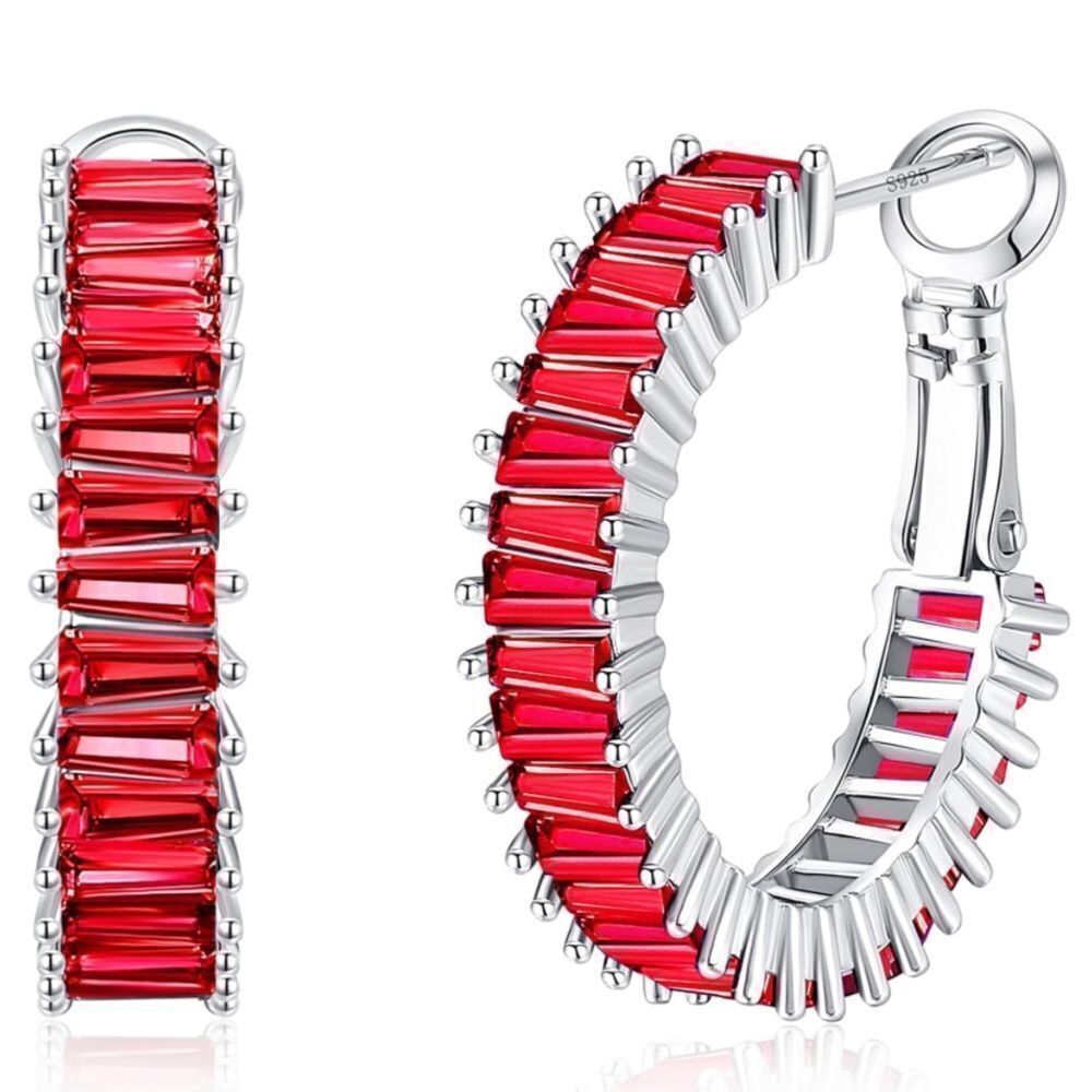 14K White Gold with Ruby Red Cubic Zirconia Drop Hoop Leverback Earrings